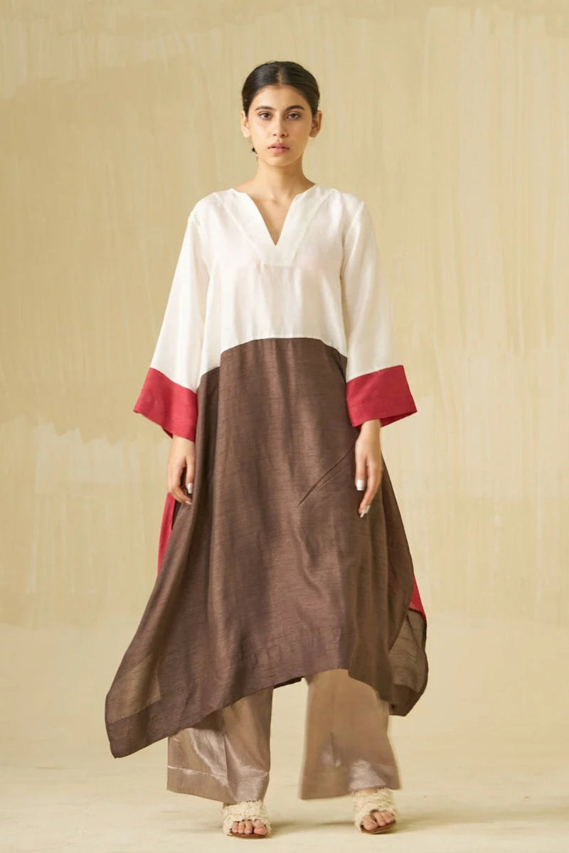 Dove Tunic-Ivory + Hibiscus + Cocoa mysore silk tunics and kaftans by Stoique in ivory, hibiscus, cocoa for women in Singapore