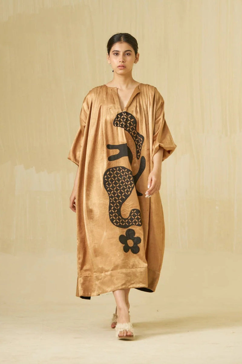 Love Bug Dress-Gold + Black mashru silk dress by Stoique in gold, black for women in Singapore