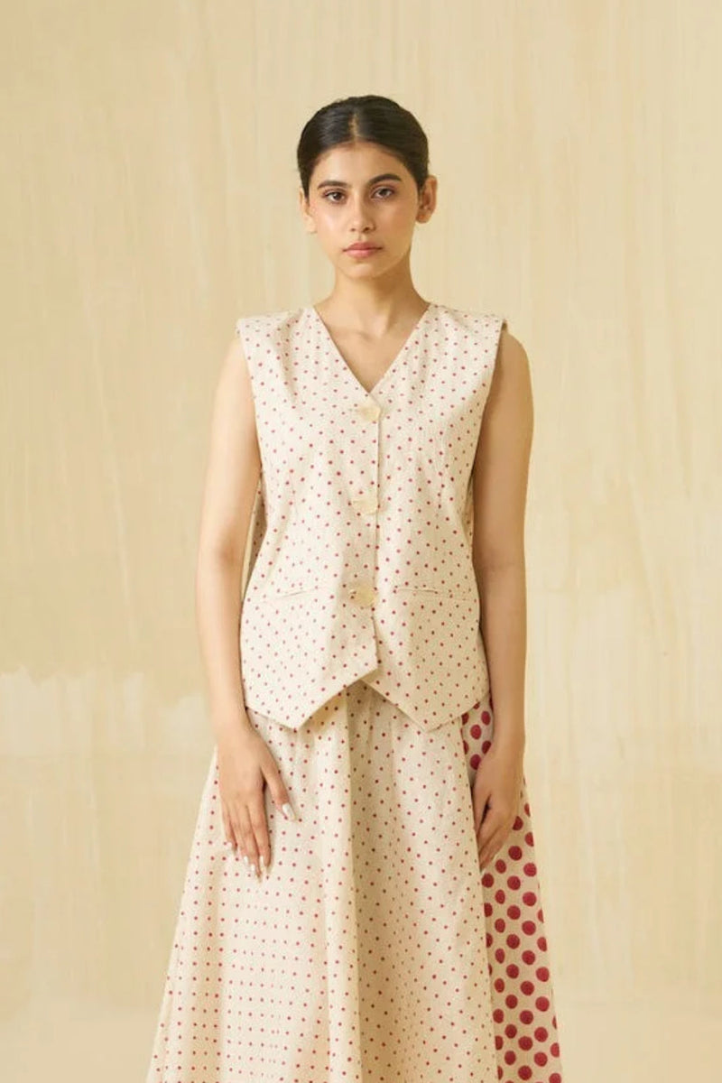 Muffin Vest-Natural + Hibiscus red handwoven cotton top/shirt by Stoique in natural, hibiscus red for women in Singapore