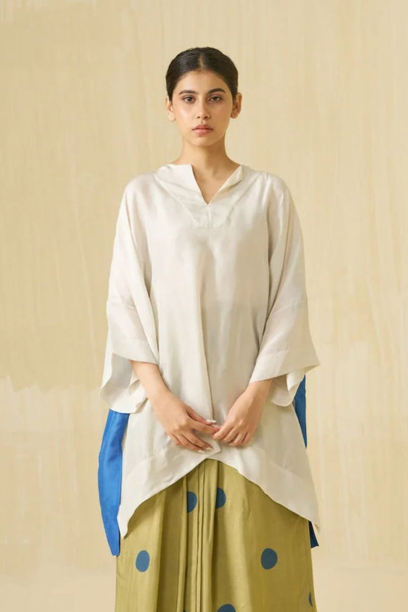 Penguin Top-Silver + Sweet pea blue upada silk top/shirt by Stoique in silver, sweet pea blue for women in Singapore