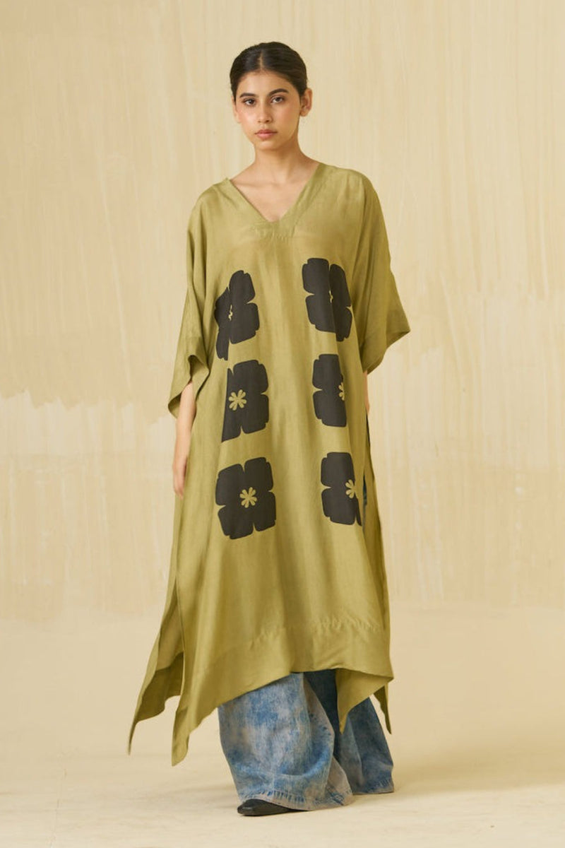 Swan Tunic-Sage + Black upada silk tunics and kaftans by Stoique in sage, black for women in Singapore