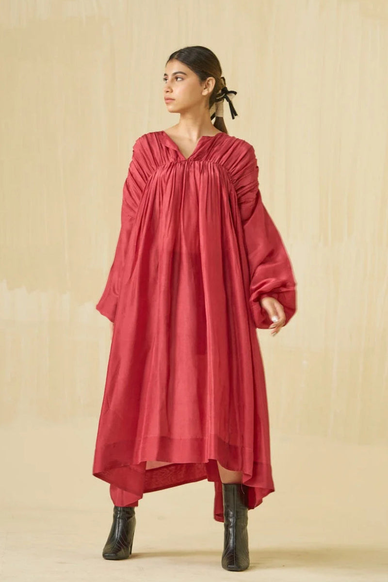 Rose Dress-Hibiscus + Dark Chocolate upada silk dress by Stoique in hibiscus, dark chocolate for women in Singapore