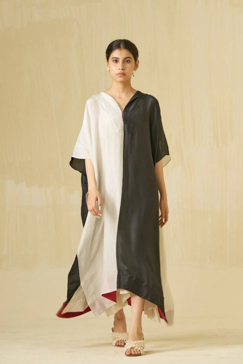 Moon Dress-Silver + Black upada silk dress by Stoique in silver, black for women in Singapore