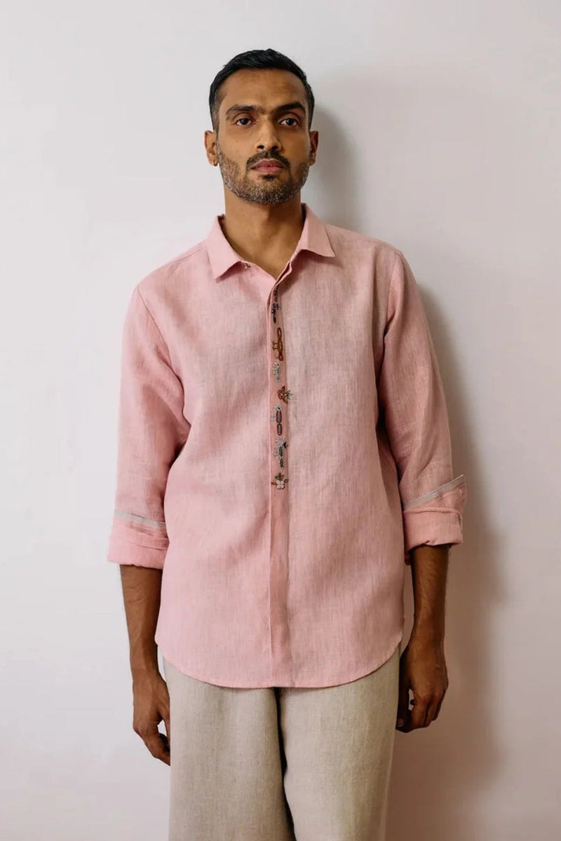 Ved Hand-Embroidered Bird Shirt-Pink linen shirt by Manan Men in pink for men in Singapore