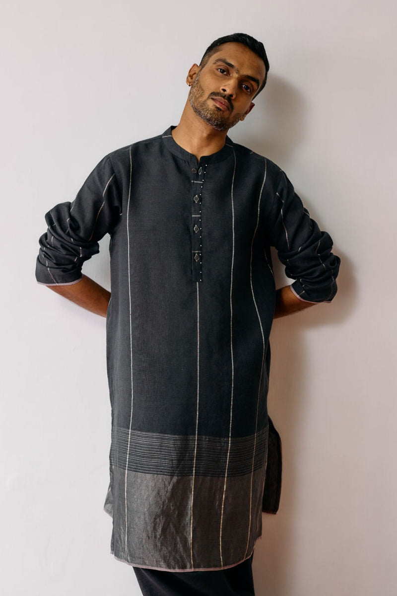 Jawahar Metallic Linen Kurta-Charcoal linen kurta/kurta set by Manan Men in charcoal for men in Singapore