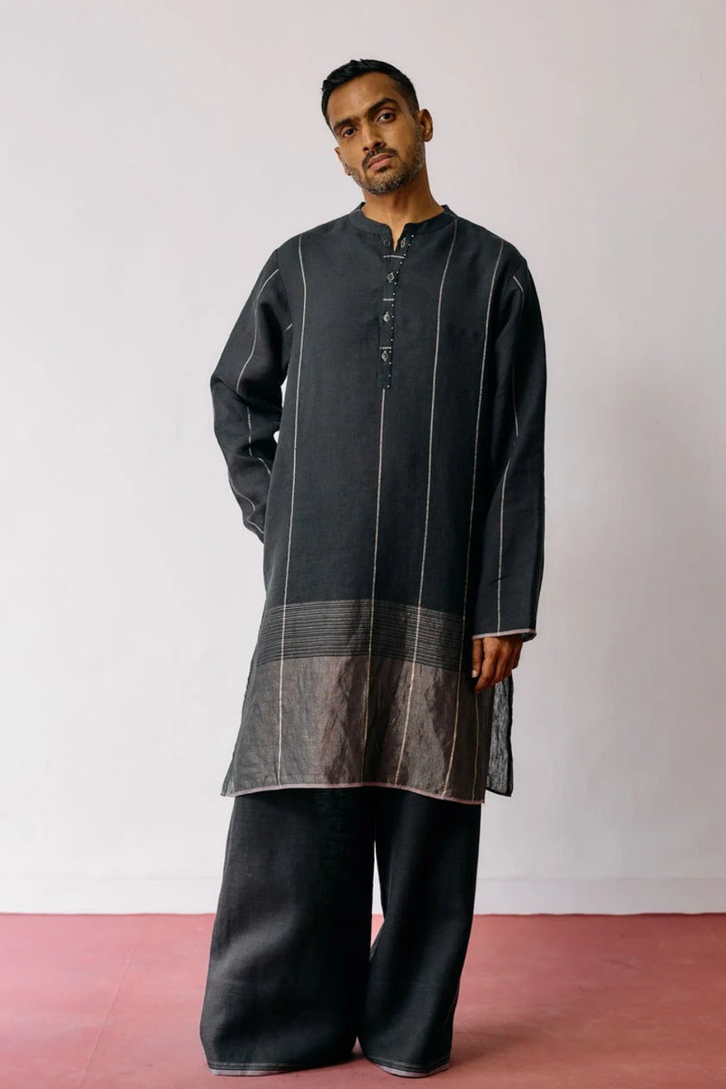Jawahar Metallic Linen Kurta Set-Charcoal linen kurta/kurta set by Manan Men in charcoal for men in Singapore