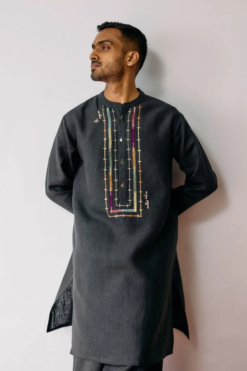 Keta Hand-Embroidered Linen Kurta-Charcoal linen kurta/kurta set by Manan Men in charcoal for men in Singapore