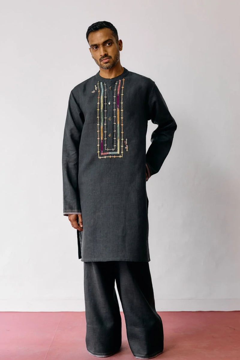 Keta Hand-Embroidered Linen Kurta Set-Charcoal linen kurta/kurta set by Manan Men in charcoal for men in Singapore