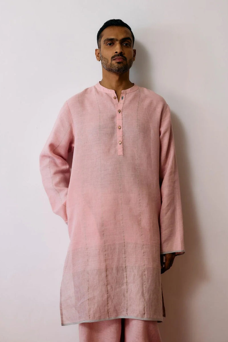 Jawahar Metallic Linen Kurta-Pink linen kurta/kurta set by Manan Men in pink for men in Singapore