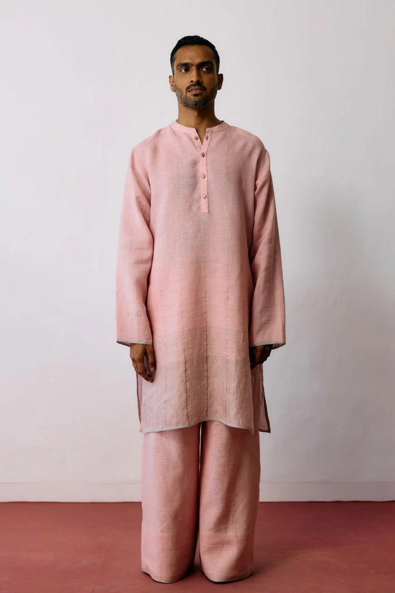 Jawahar Metallic Linen Kurta Set-Pink linen kurta/kurta set by Manan Men in pink for men in Singapore