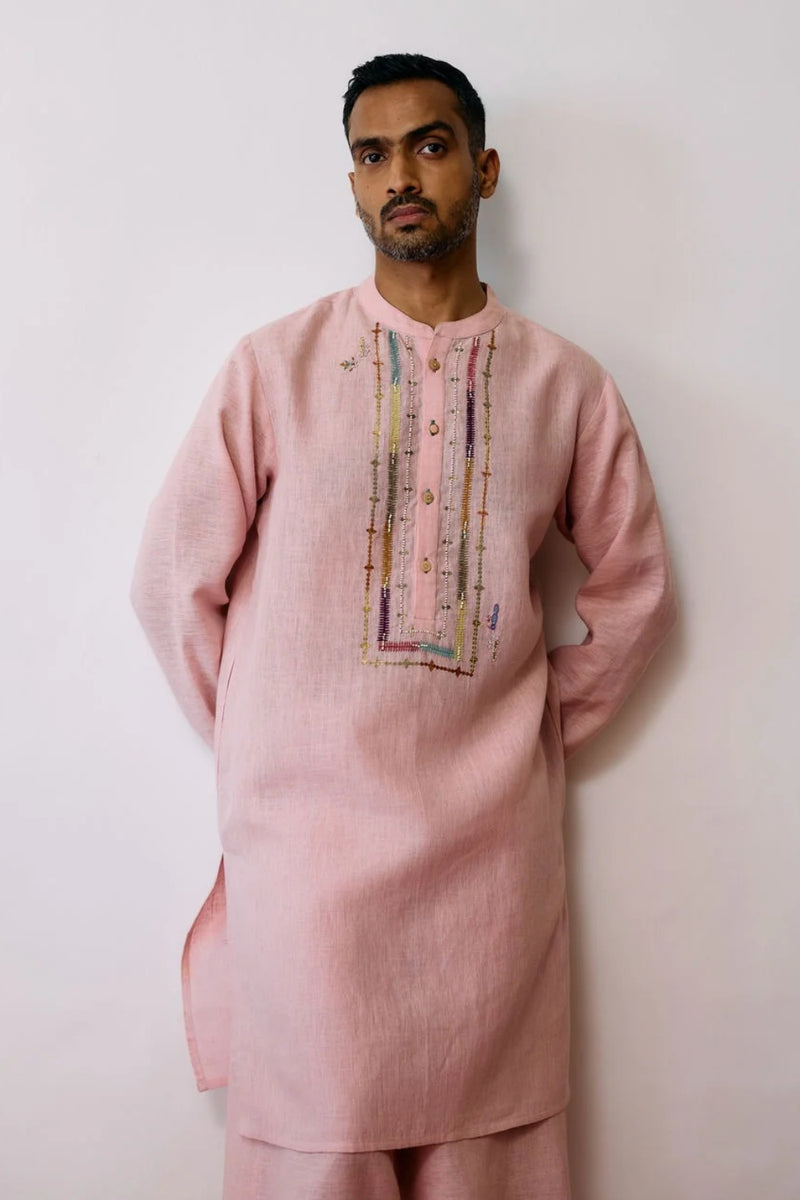 Keta Hand-Embroidered Linen Kurta-Pink linen kurta/kurta set by Manan Men in pink for men in Singapore