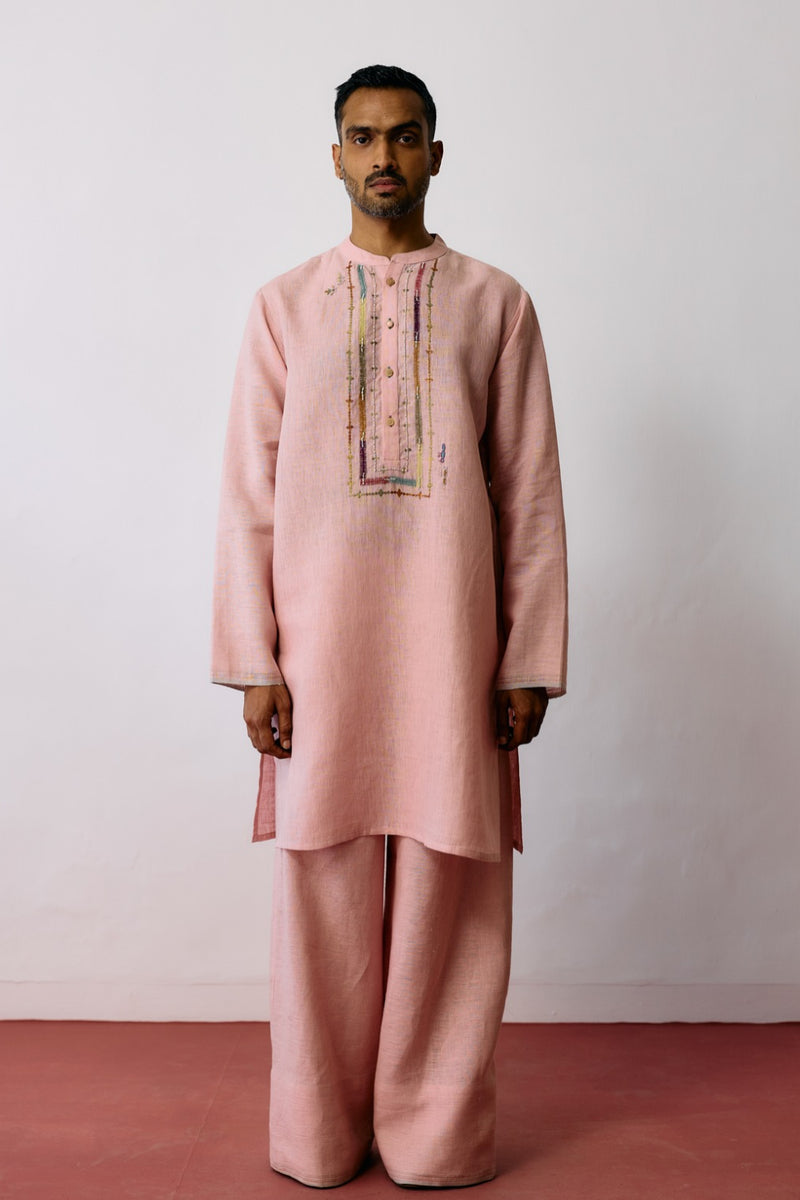 Keta Hand-Embroidered Linen Kurta Set-Pink linen kurta/kurta set by Manan Men in pink for men in Singapore