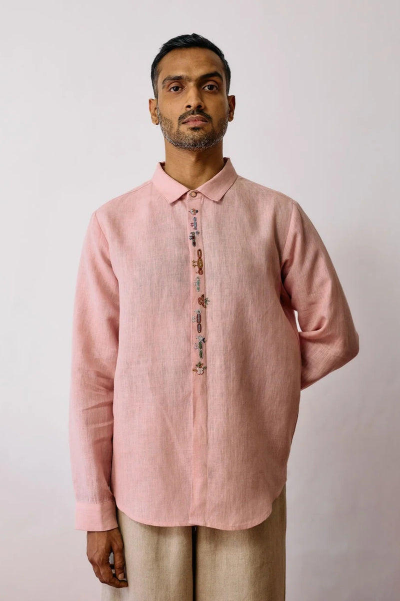 Ved Hand-Embroidered Bird Shirt-Pink linen shirt by Manan Men in pink for men in Singapore
