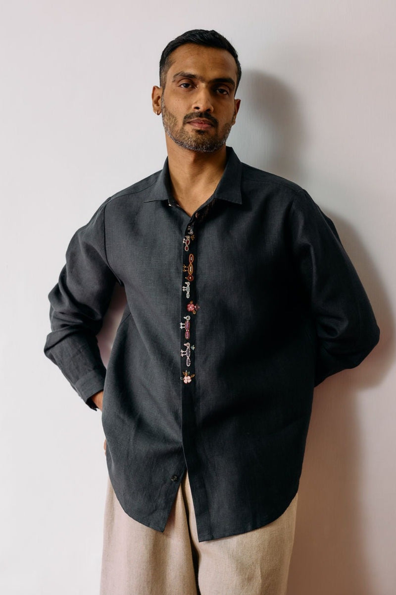 Ved Hand-Embroidered Bird Shirt-Charcoal linen shirt by Manan Men in charcoal for men in Singapore