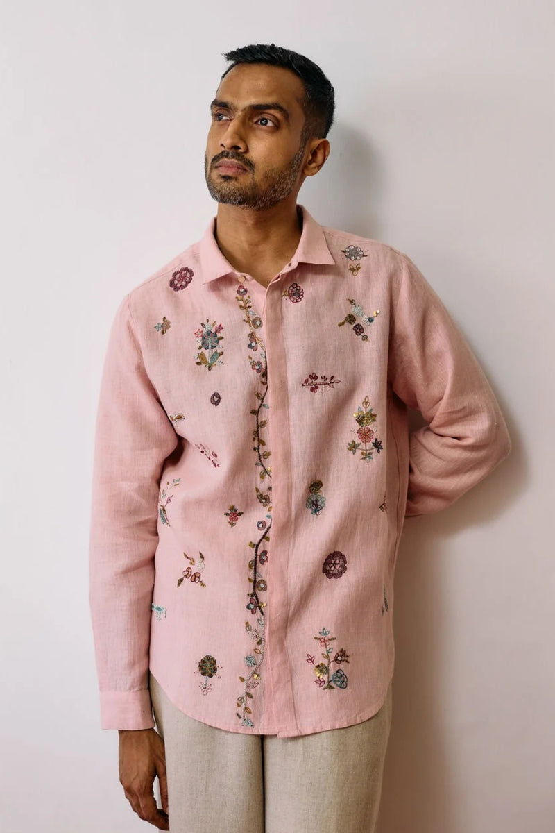Zai Floral Hand-Embroidered Shirt-Pink linen shirt by Manan Men in pink for men in Singapore