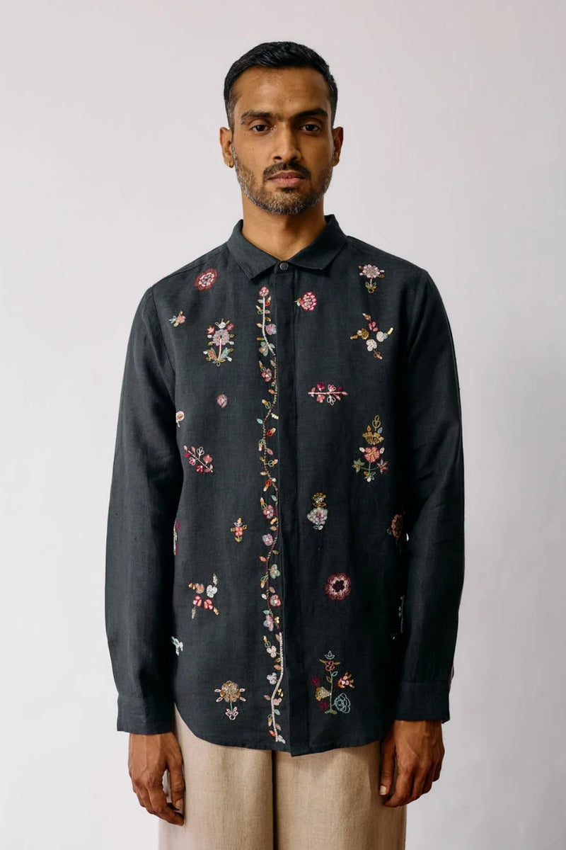 Zai Floral Hand-Embroidered Shirt-Charcoal linen shirt by Manan Men in charcoal for men in Singapore
