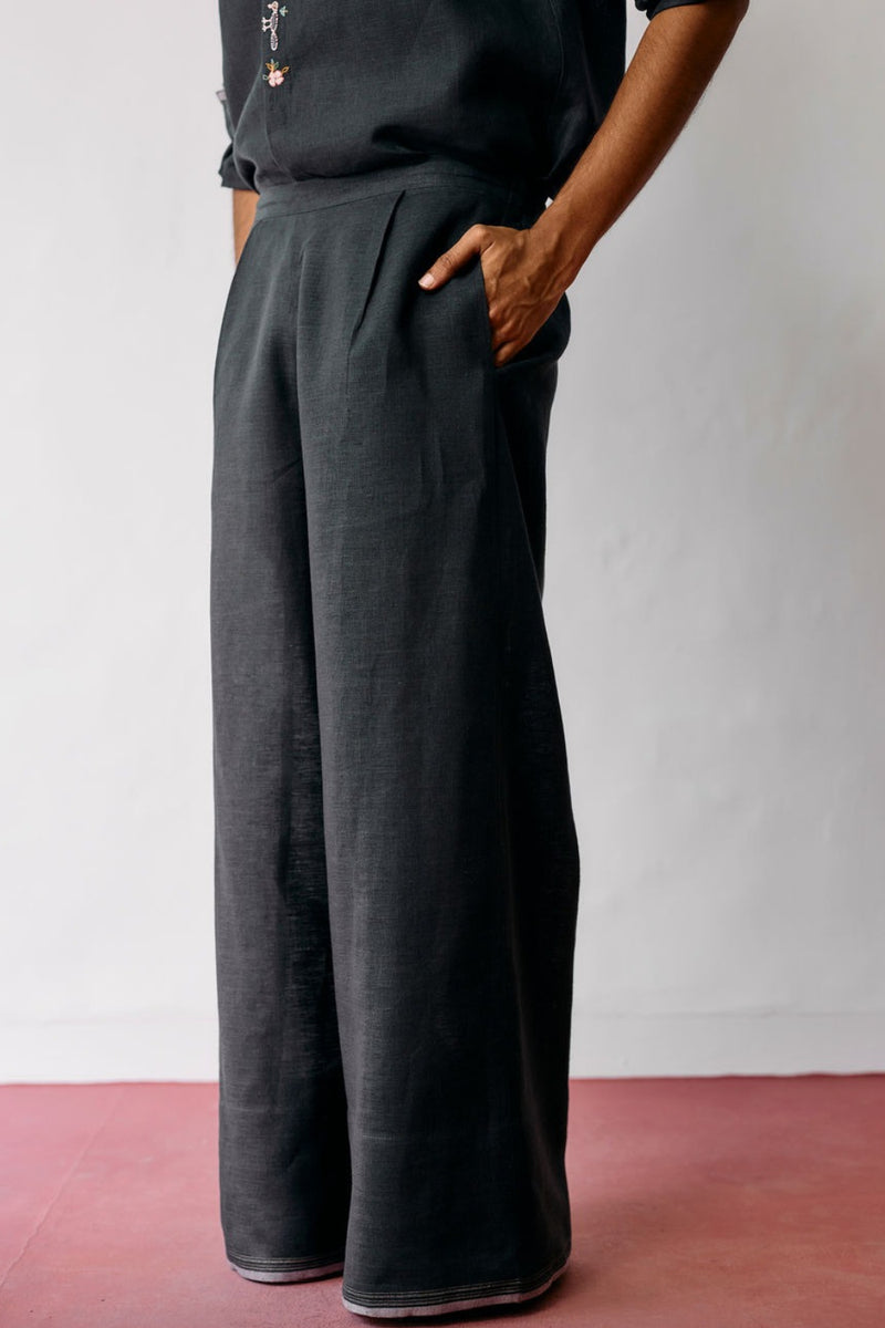 Rin Linen Pants-Charcoal linen pant/trouser by Manan Men in charcoal for men in Singapore