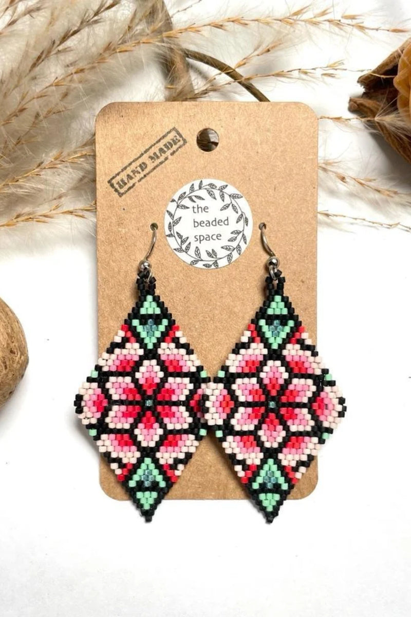 Fuschia / sage flower pattern diamond-shaped earrings stainless steel by The Beaded Space for women in Singapore