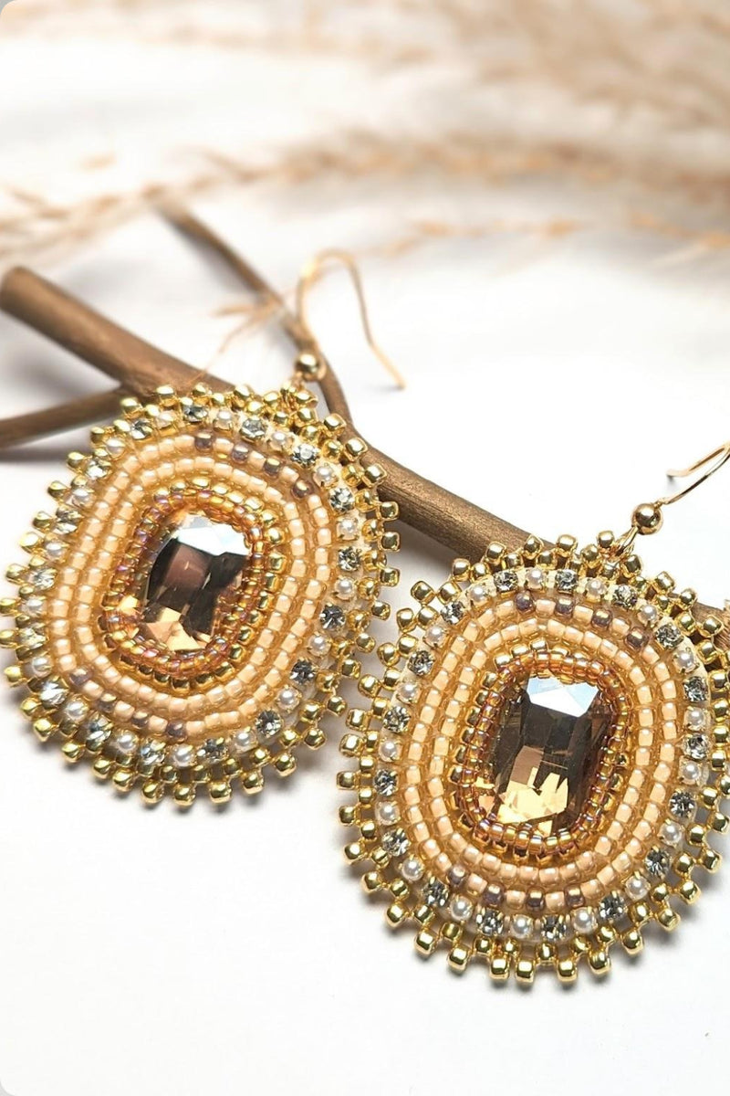 Champagne stitched pendant earrings with center gems stainless steel by The Beaded Space for women in Singapore