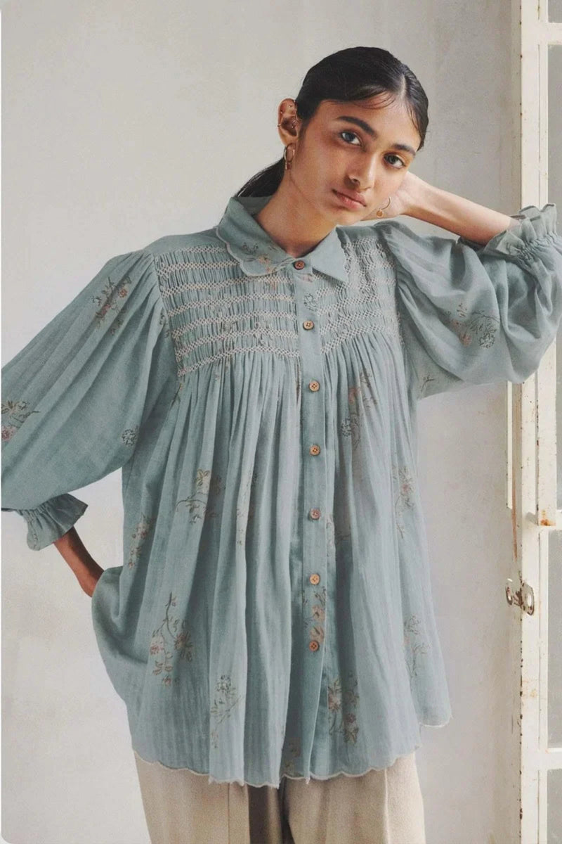 Judy Shirt-Pale Blue cotton top/shirt by CORD in light blue for women in Singapore