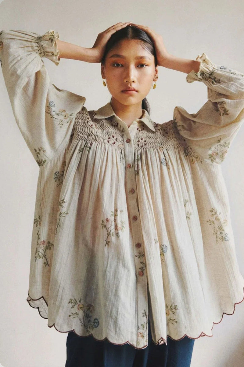 Judy Shirt-Dahlia Print cotton top/shirt by CORD in beige for women in Singapore