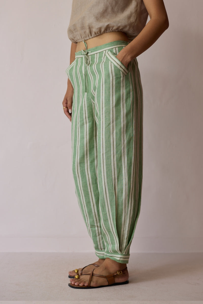Terra Pleated Hem Stripe Linen Pants-Fern