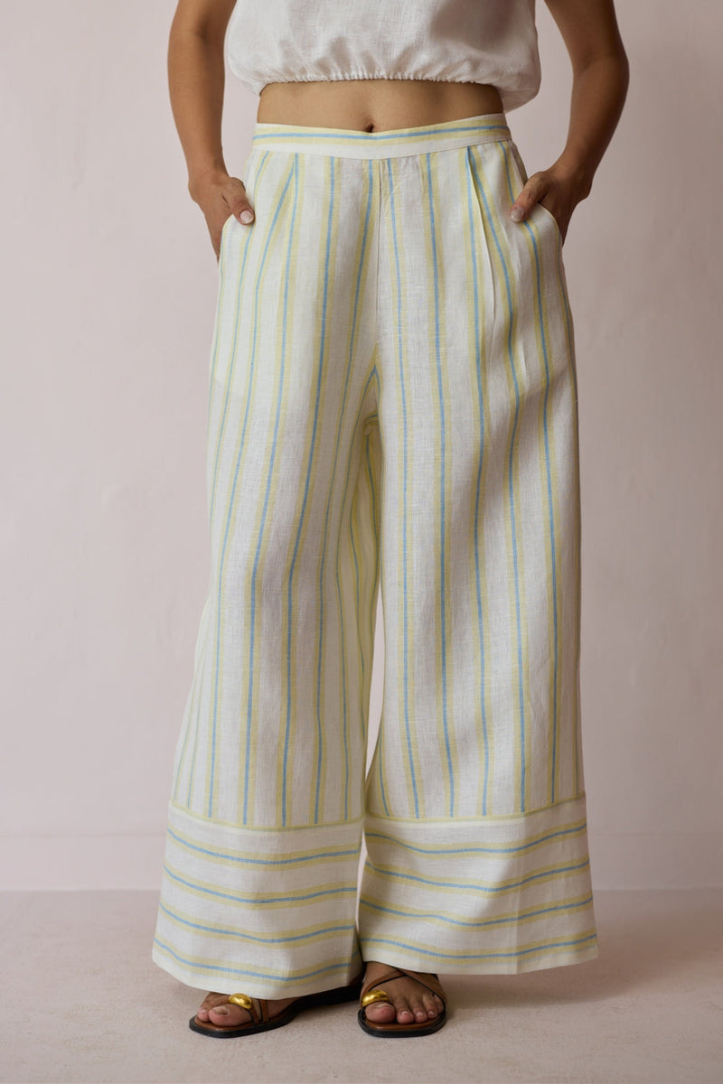 Carmi Wide Leg Stripe Linen Pants-Ivory linen pant/trouser by Manan in ivory for women in Singapore