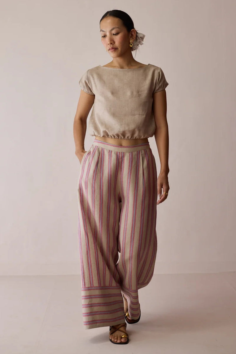 Carmi Wide Leg Stripe Linen Pants-Natural linen pant/trouser by Manan in off white for women in Singapore
