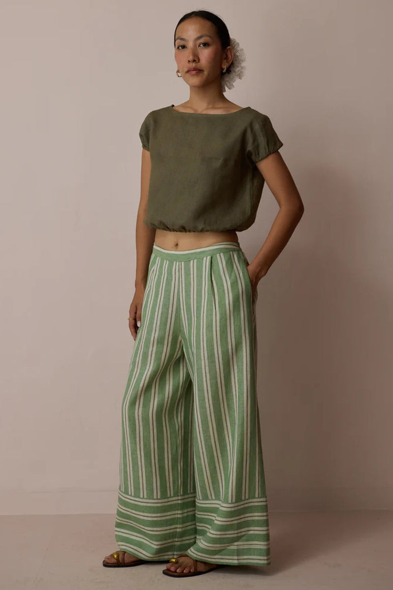 Carmi Wide Leg Stripe Linen Pants-Fern linen pant/trouser by Manan in green for women in Singapore