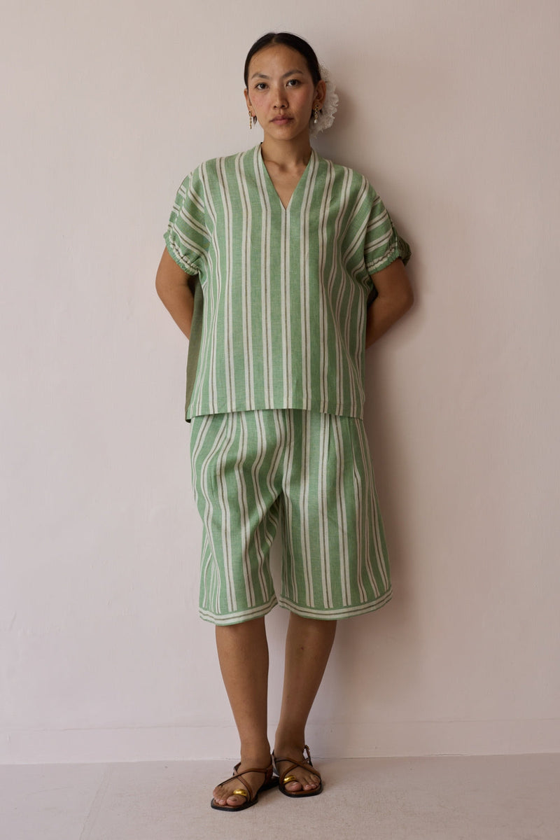 Ena Stripe Linen Jorts-Fern linen short by Manan in green for women in Singapore