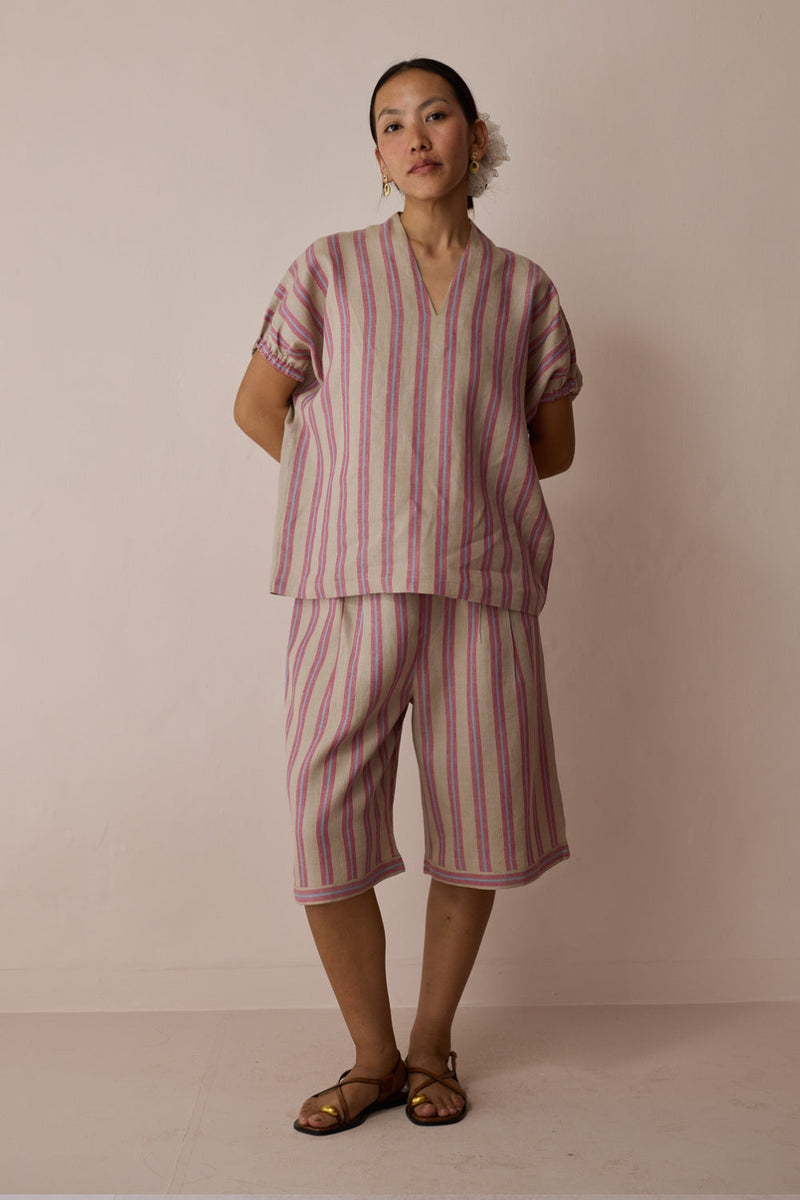 Ena Stripe Linen Jorts-Natural linen short by Manan in off white for women in Singapore