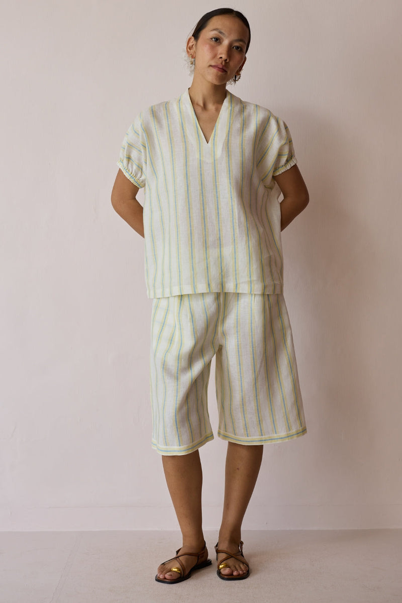 Ena Stripe Linen Jorts-Ivory linen short by Manan in ivory for women in Singapore