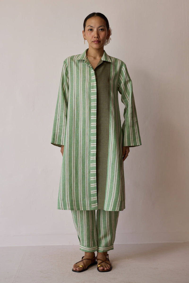 Joana Patchwork Stripe Linen Kurta Sets-Fern linen light kurta set by Manan in green for women in Singapore