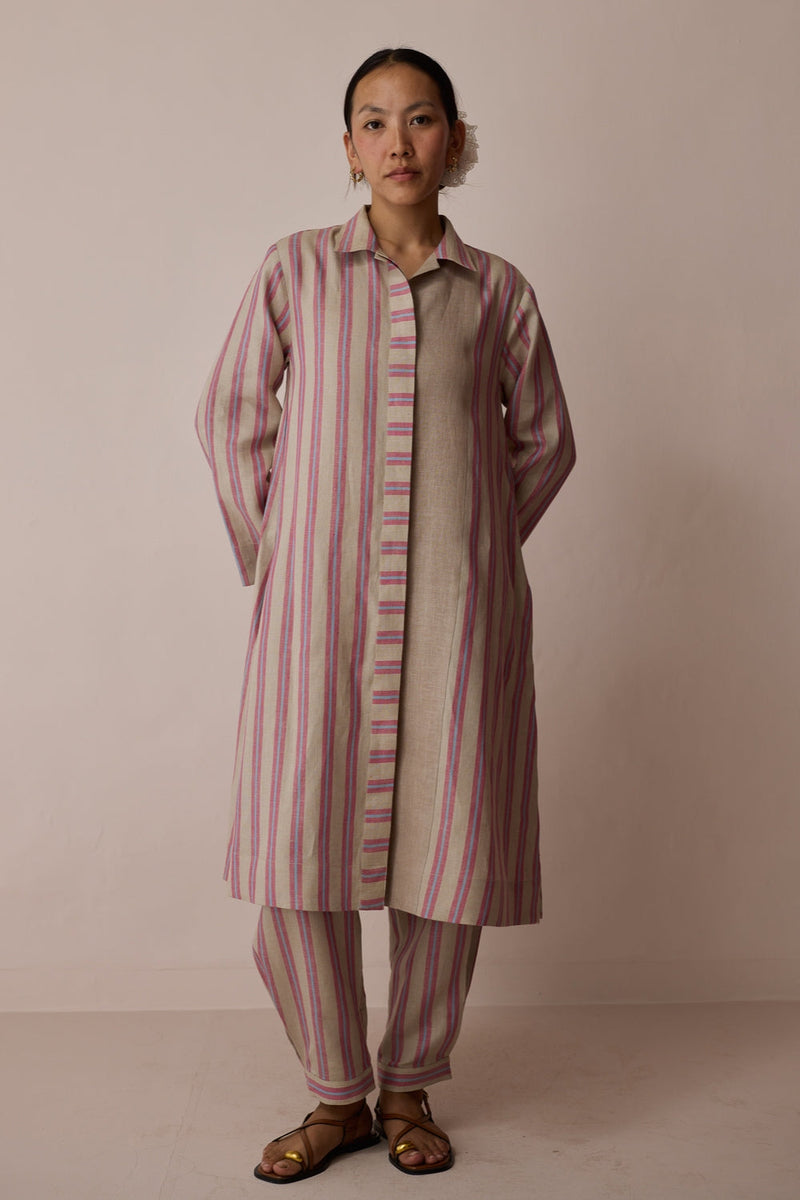 Joana Patchwork Stripe Linen Kurta Sets-Natural linen light kurta set by Manan in off white for women in Singapore
