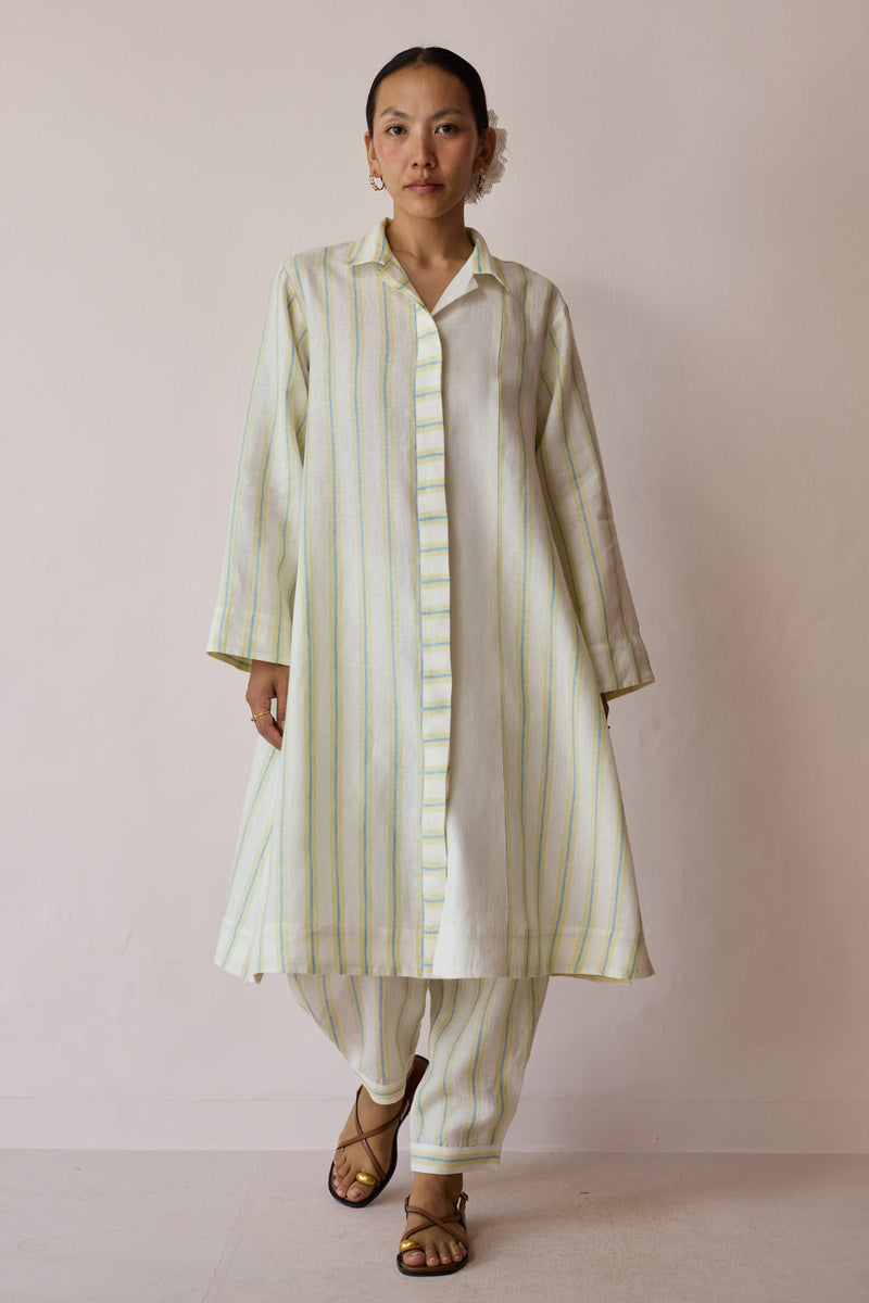 Joana Patchwork Stripe Linen Kurta Sets-Ivory linen light kurta set by Manan in ivory for women in Singapore