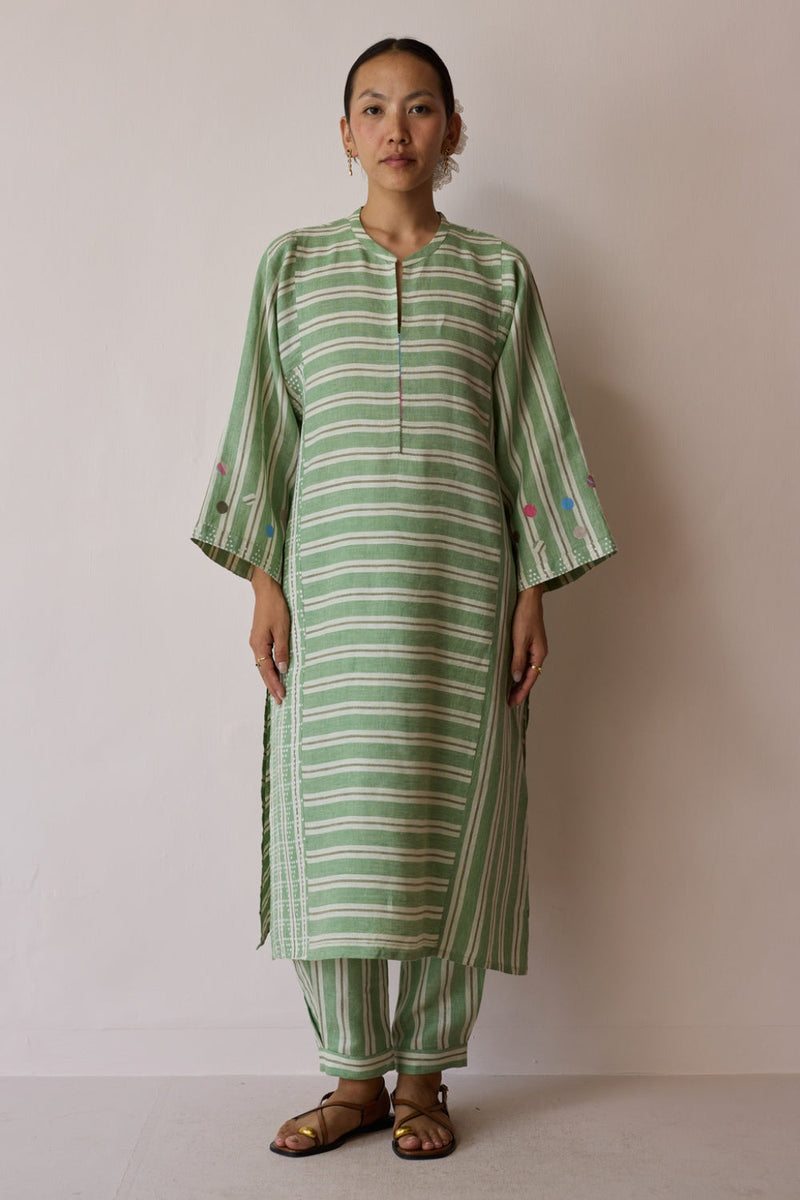 Parvee Block-Printed Linen Kurta Set-Fern linen light kurta set by Manan in ivory for women in Singapore