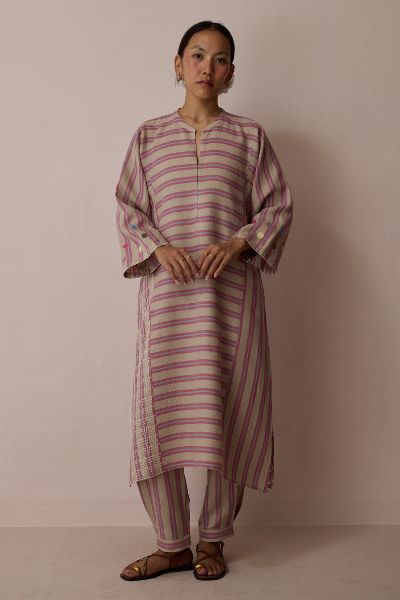 Parvee Block-Printed Linen Kurta Set-Natural linen light kurta set by Manan in ivory for women in Singapore