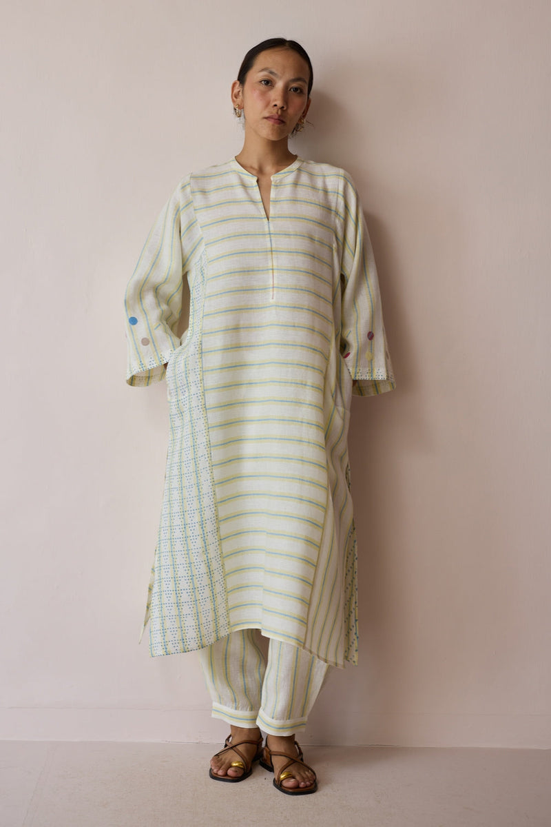 Parvee Block-Printed Linen Kurta Set-Ivory linen light kurta set by Manan in ivory for women in Singapore