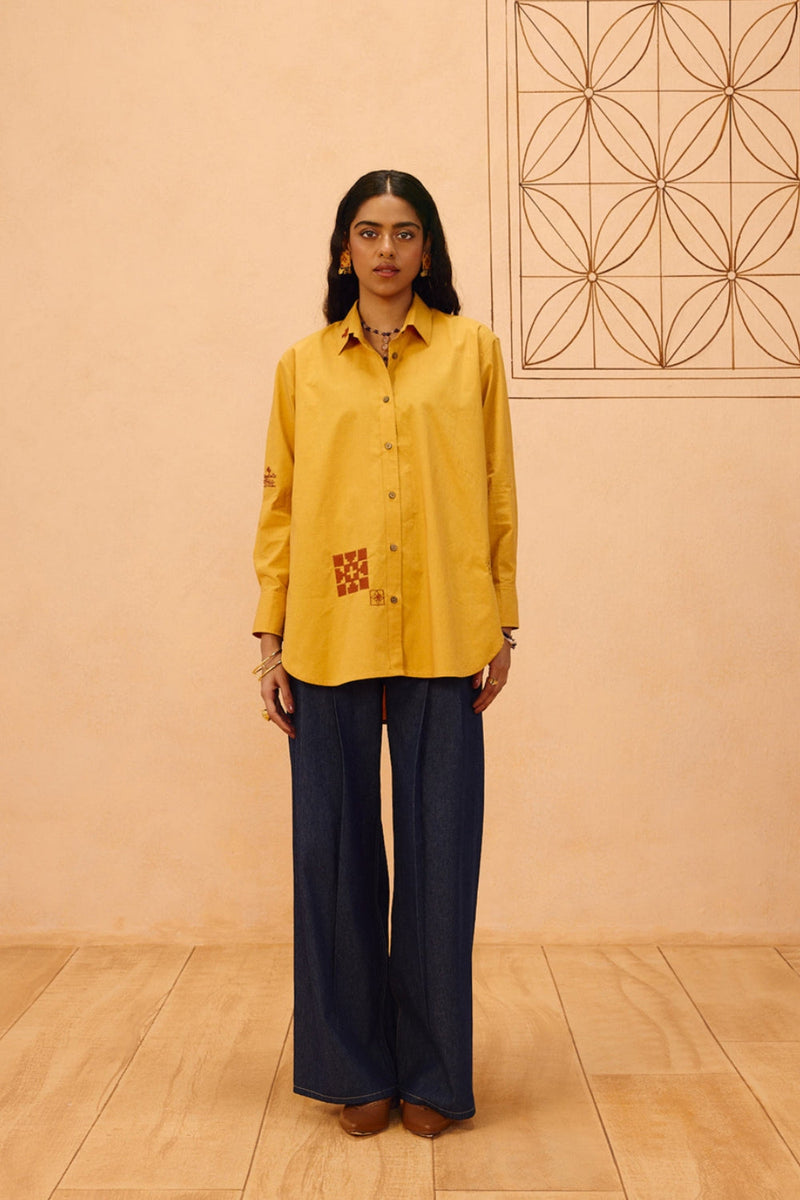 Golden Patterns Organic Cotton Shirt poplin top/shirt by SUI in mustard for women in Singapore