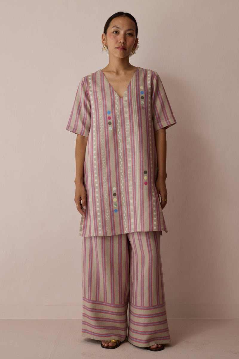 Selle Linen Applique Kurta Set-Natural linen co-ord set by Manan in off white for women in Singapore