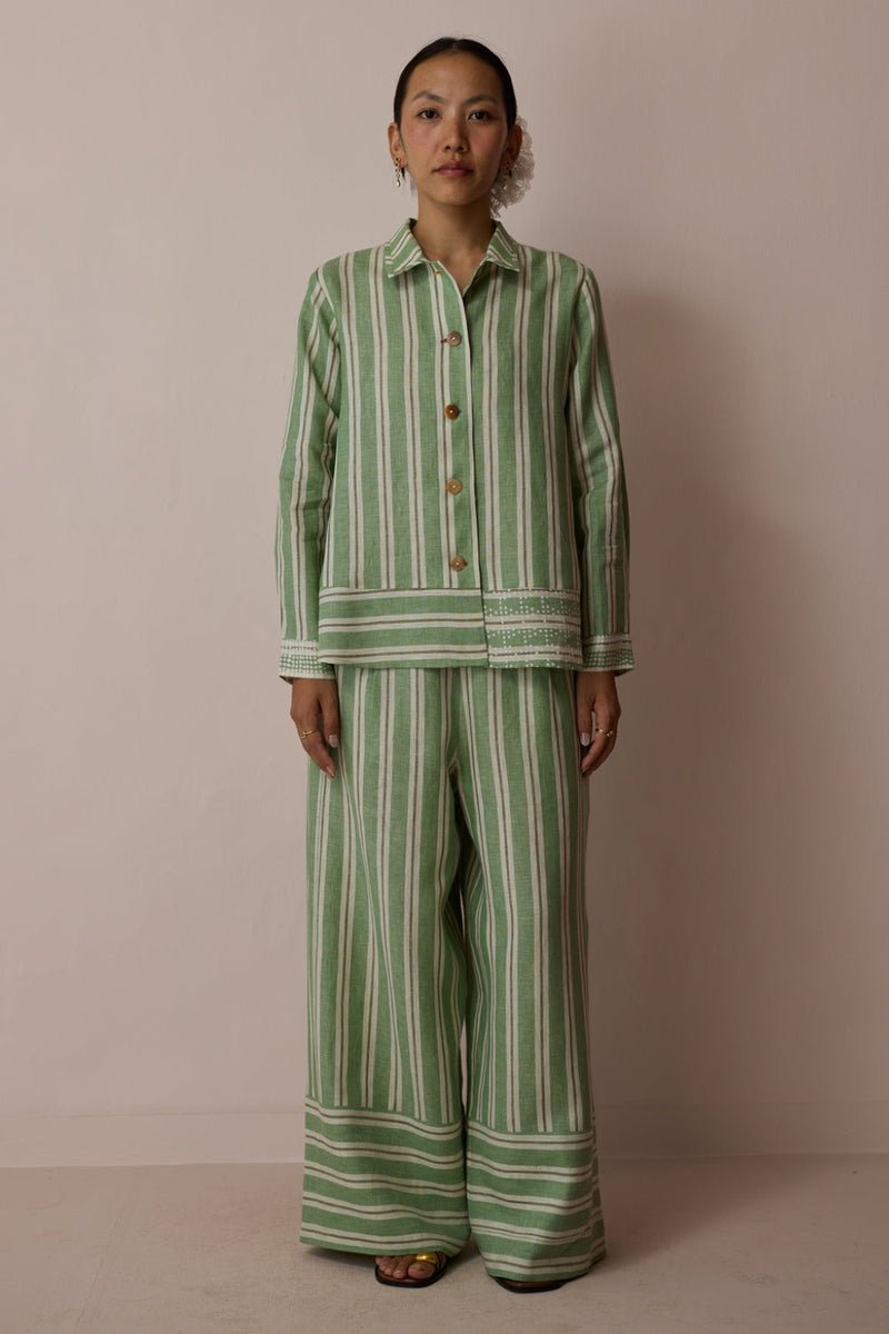 Erra Block-Printed Linen Co-ord-Fern linen co-ord set by Manan in green for women in Singapore