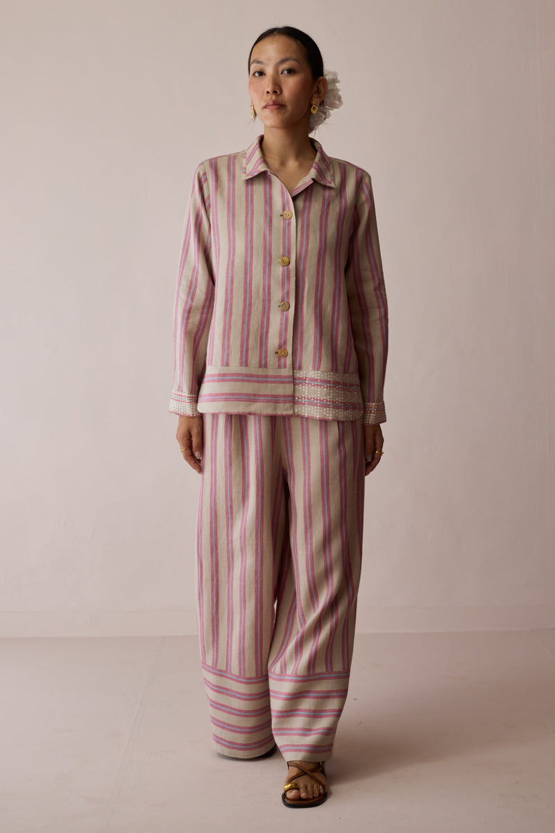 Erra Block-Printed Linen Co-ord-Natural linen co-ord set by Manan in off white for women in Singapore