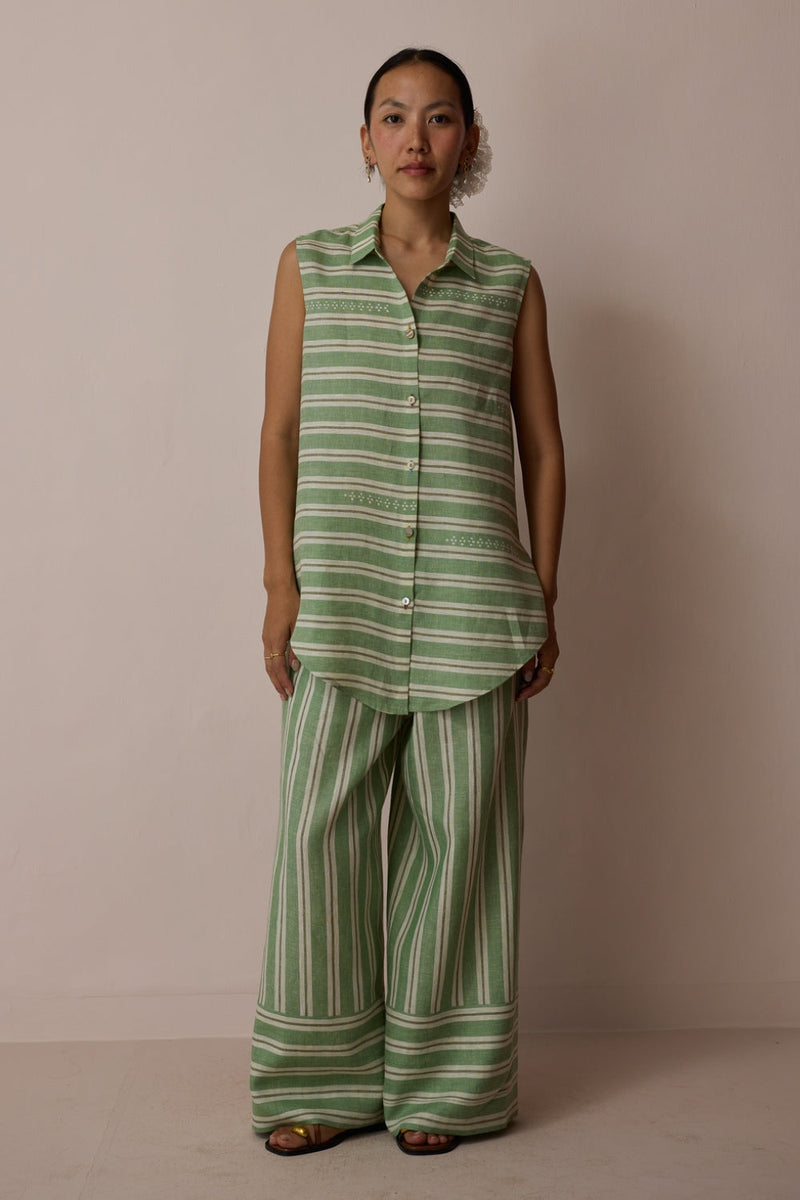 Ello Block-Printed Linen Co-ord-Fern linen co-ord set by Manan in green for women in Singapore