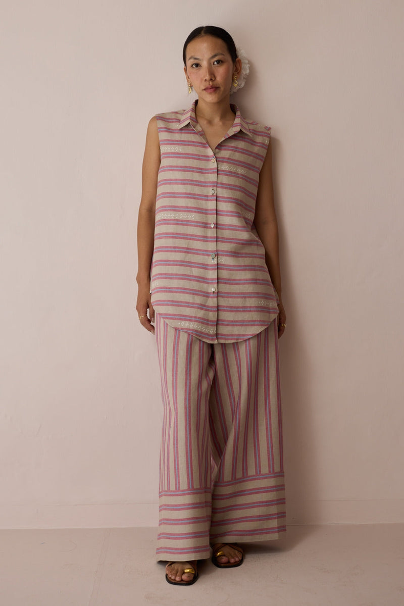 Ello Block-Printed Linen Co-ord-Natural linen co-ord set by Manan in off white for women in Singapore