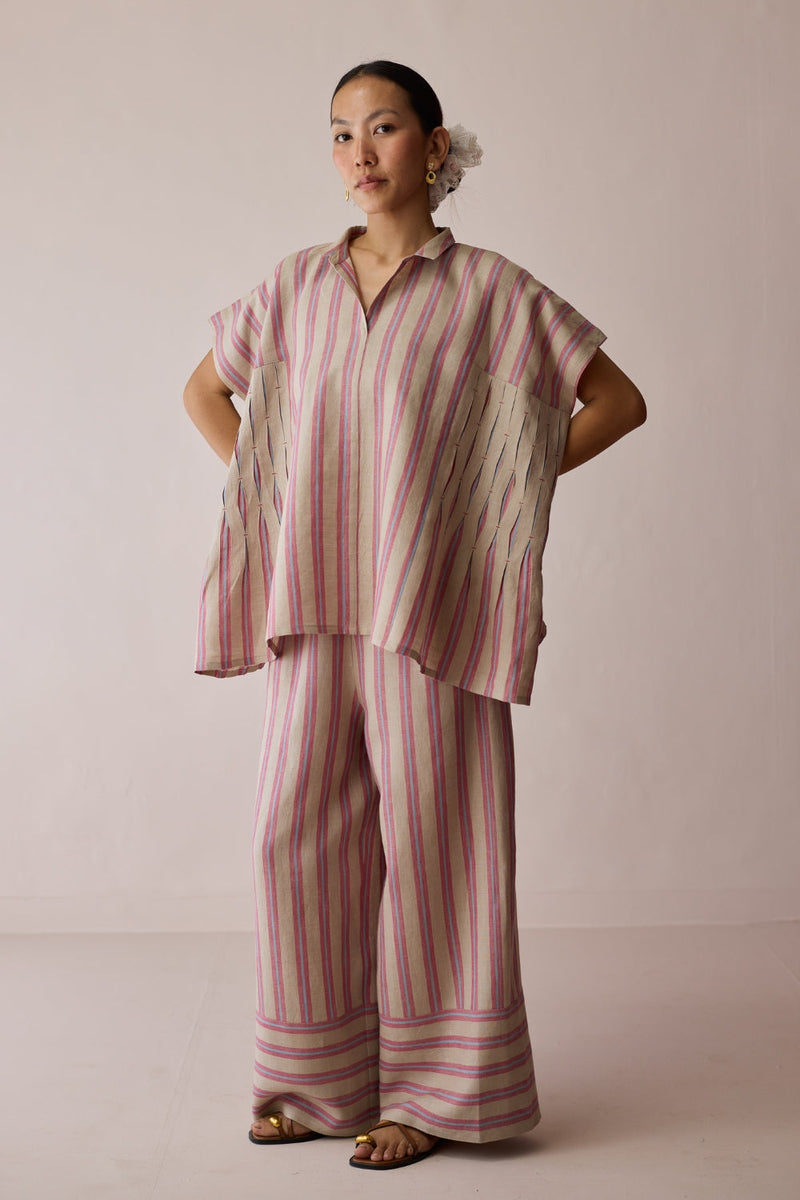 Venn Pleated Linen Co-ord-Natural linen co-ord set by Manan in off white for women in Singapore
