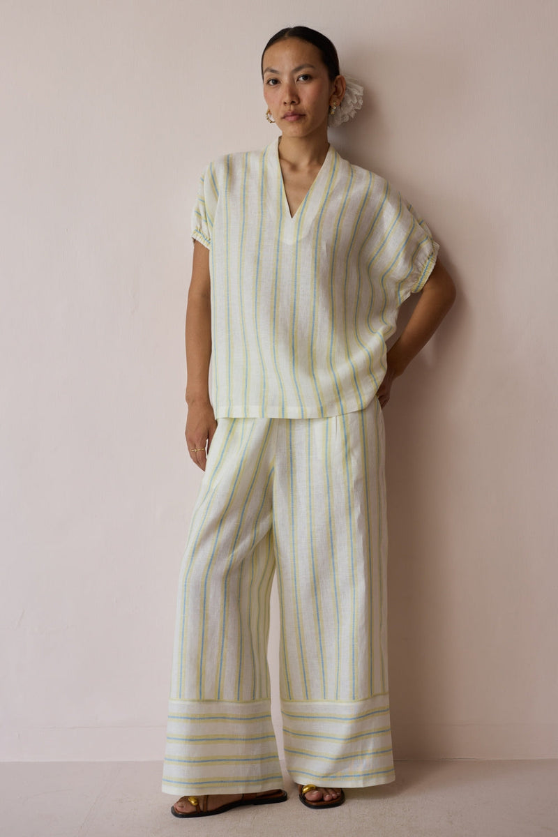 Anne V-Neck Stripe Linen Co-ord-Ivory linen co-ord set by Manan in ivory for women in Singapore