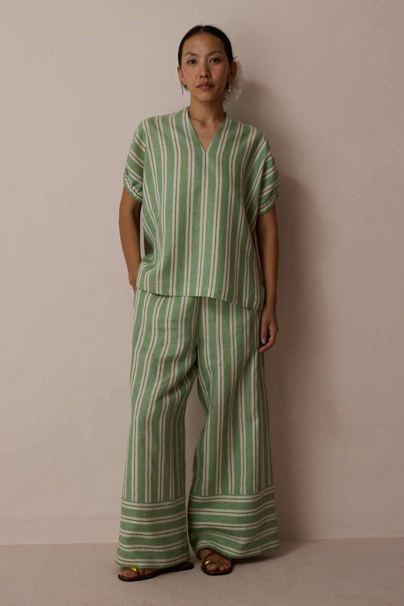 Anne V-Neck Stripe Linen Co-ord-Fern linen co-ord set by Manan in green for women in Singapore