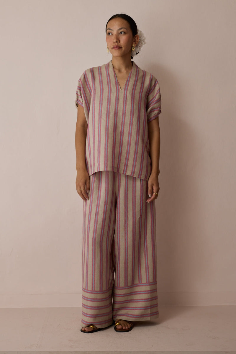 Anne V-Neck Stripe Linen Co-ord-Natural linen co-ord set by Manan in off white for women in Singapore