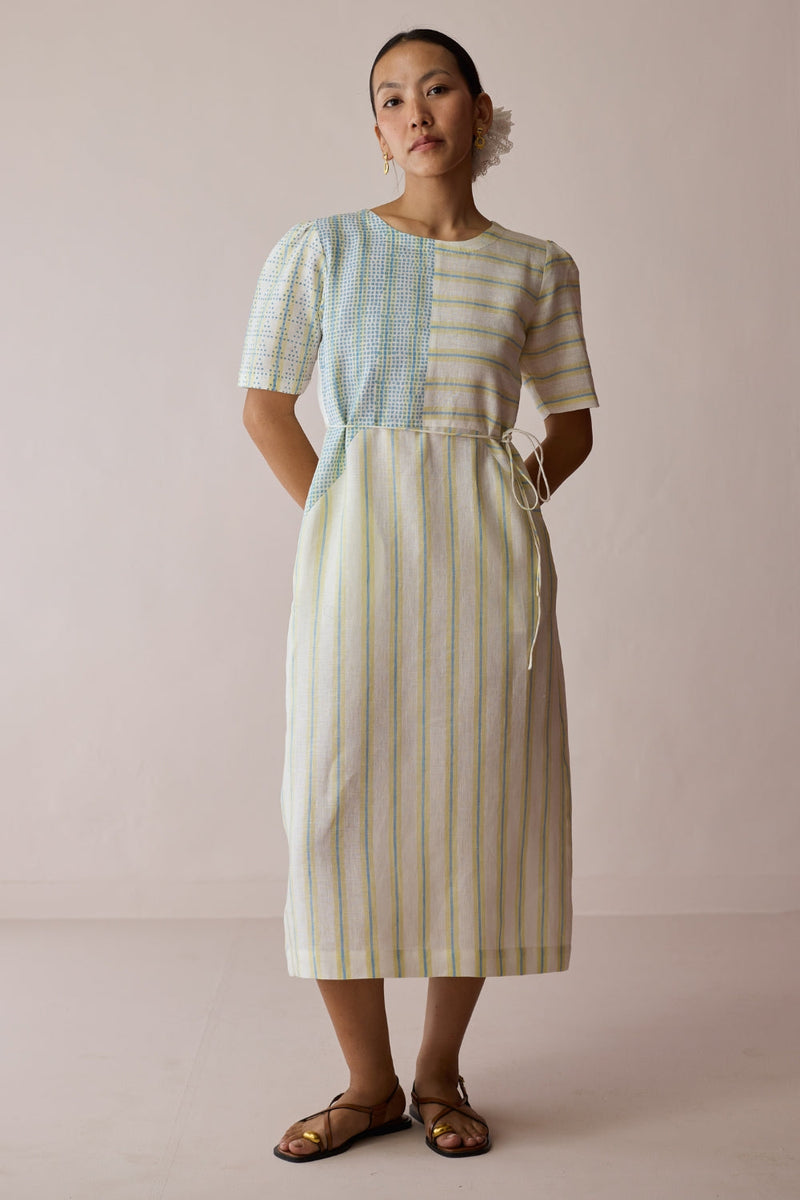 Sola Patchwork Block-Printed Linen Dress-Ivory linen dress by Manan in ivory for women in Singapore