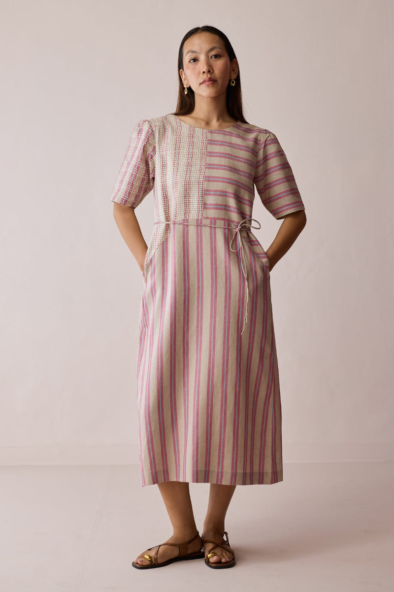 Sola Patchwork Block-Printed Linen Dress-Natural linen dress by Manan in off white for women in Singapore